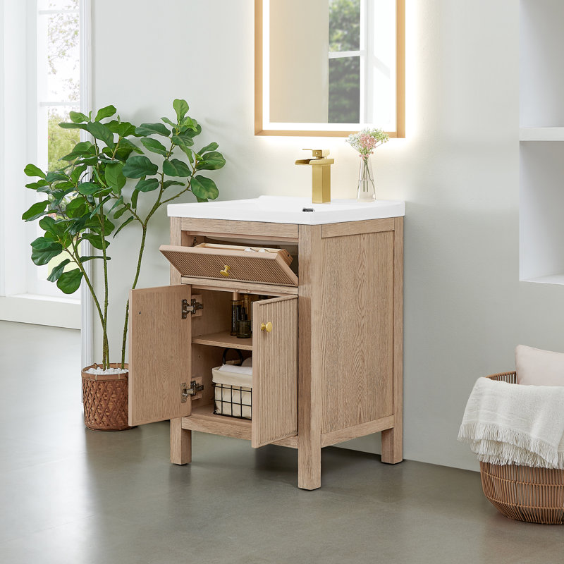 Lala 24" Single Bathroom Vanity with White Ceramic Integrated Sink without Mirror, Natural Oak