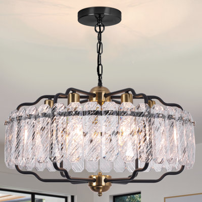 24" Black & Gold Chandelier - Outer Frame Textured Crystal Border, New Pattern! Adjustable 6-Light For Sloped Ceilings