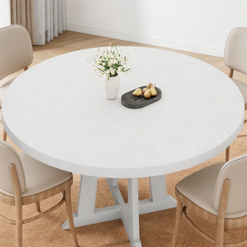Modern Space-Saving 47 Inch Round Dining Table – White Wood Grain, Easy-Clean Surface, Stable Four-Post Base for 4-6, Ideal for Dining Room, Kitchen, Living Room – Wood Grain White