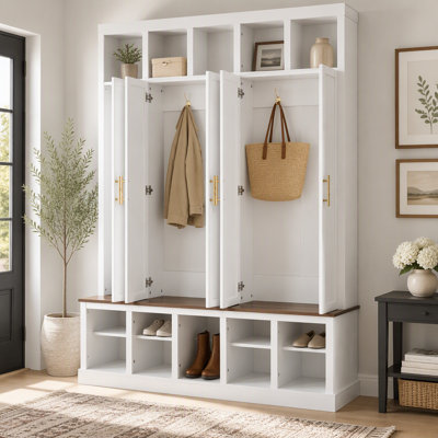 Entryway Storage Cabinet Coat Closet, Hall Tree Shoe Rack & Display Cubbies