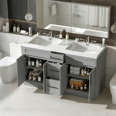Contemporary 59.3 Inch Double Sink Bathroom Vanity With Smc Top, Mdf Cabinet, Solid Wood Frame, Soft Close Doors