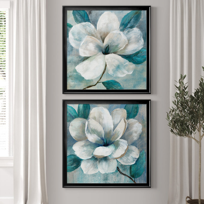 Bleu sarcelle Magnolia I - ensemble de 2 reproductions d'art encadrées, H 30,5 po x l 61 po x P 1,5 po, Toile avec cadre noir