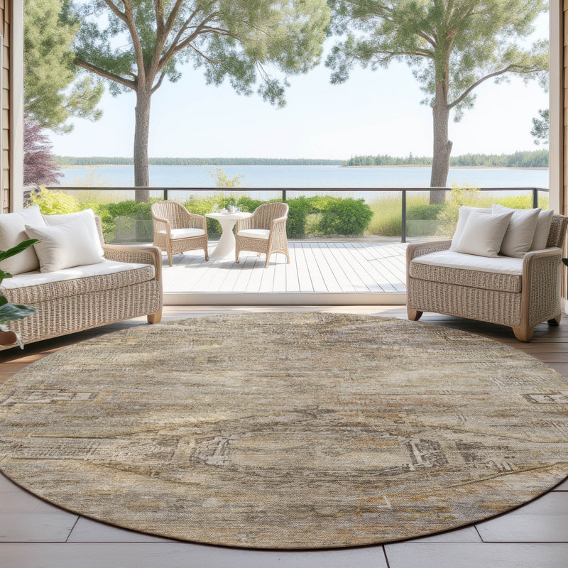 Tapis intérieur / extérieur brun lavable à la machine 10 pi x 14 pi ACN1631, Rond 8 pi