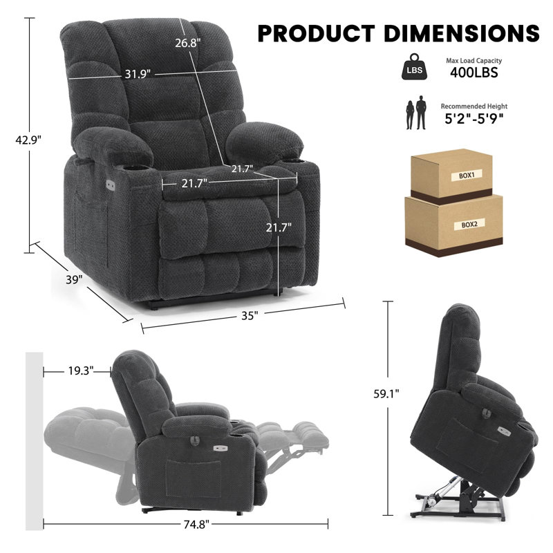 EONIX Dual Motor Wide Power Lift Recliner Chair for Elderly, Oversized Lay Flat Lift Chair with Heat and Massage and Cup Holders, 400lbs Heavy Duty Big and Tall Lift Recliner, Dark Grey Grey