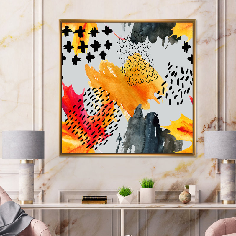 Feuille d'érable grunge sur fond gris - peinture sur toile, H 16 po x l 16 po, Cadre flottant doré