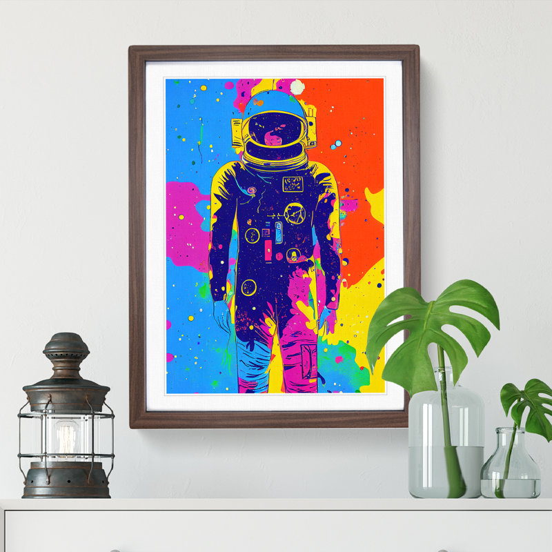 Colourful Astronaut - Wall Art, 66cm H x 48cm W x 2cm D, Walnut Framed, White