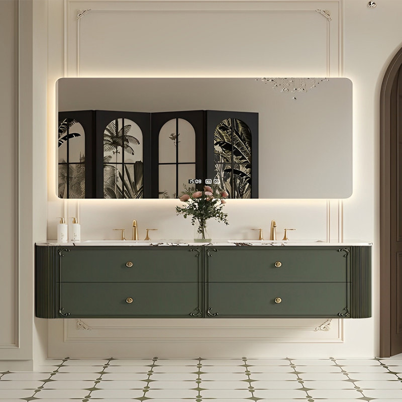 Armoire de salle de bain à double cuve de style rétro, Vert, H 21,65 po x l 70,87 po x P 21,65 po