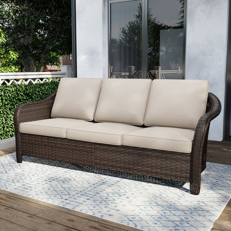 3-Person Polyethylene Wicker Outdoor Patio Sofa with Beige Cushions, Beige