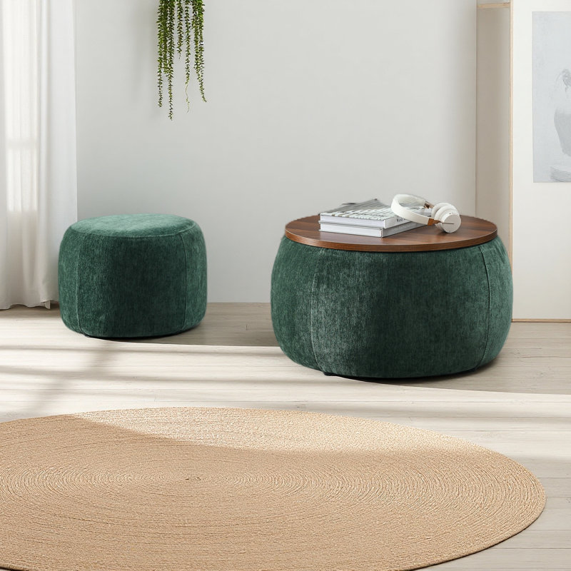 Round Storage Ottoman, 2 In 1 Function, Work As End Table And Ottoman,With Small Seat, Green
