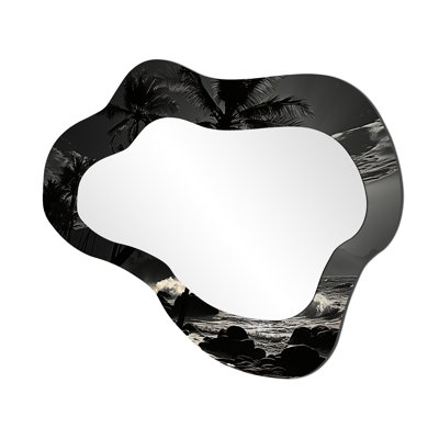 Palmier au bord de la mer - miroir décoratif asymétrique gris, miroir mural traditionnel en nuage, impression sur métal