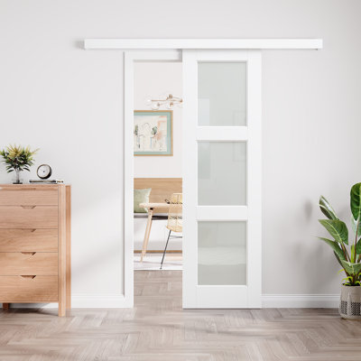 Hidden Style Track White Primed 3-Lite Frosted Glass Sliding Barn Door With Hardware Kit with Soft Close(No Assembly Required)