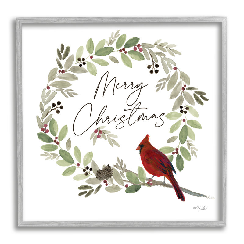 «Merry Christmas Cardinal» par Kate Sherrill - cadre flottant, impression sur bois, H 17 po x l 17 po x P 1,5 po