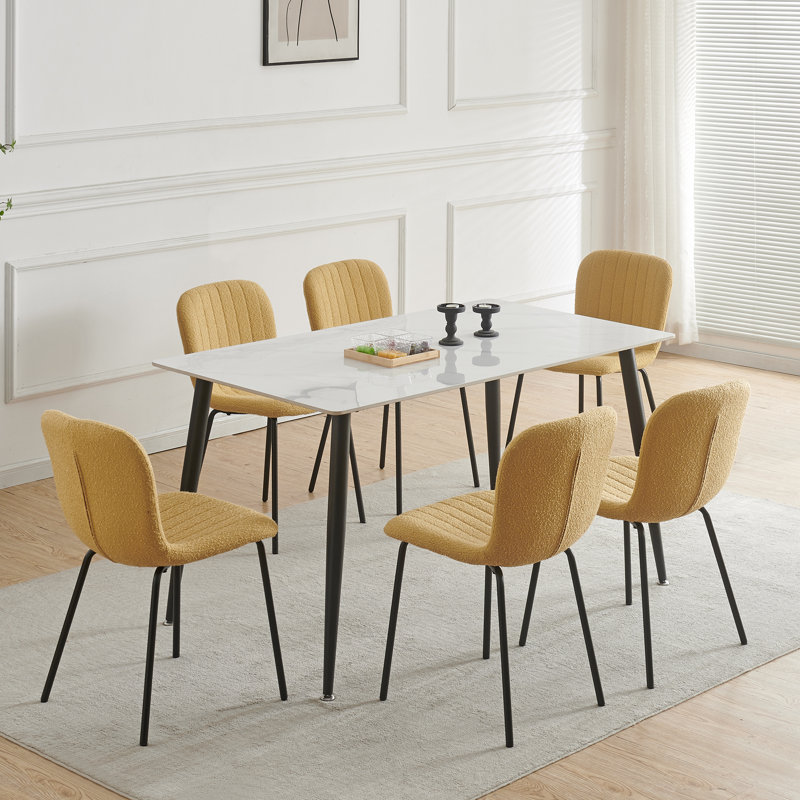 Linen Fabric Dining Chairs Upholstered Chairs, Yellow, Set Of 6
