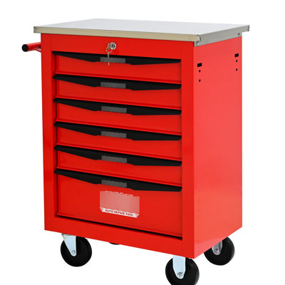 6 Drawers, Multifunctional Tool Cart, Stainless Steel Roof, Lockable, Removable, Universal Wheels, Swivel, Locking, 15Kg Loading Capacity Drawer Slides Cold Rolled Steel, Powder Coated, 4" , Key
