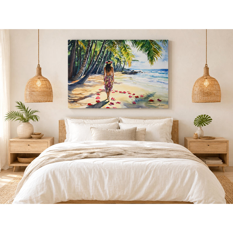 «Tropical Beach Stroll», aquarelle sur toile côtière, H 36 po x l 48 po