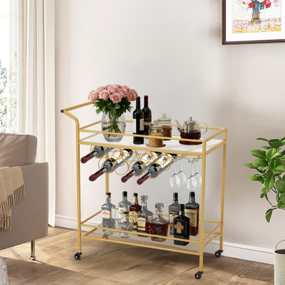 Gold Bar Cart With Wine Rack And Glass Holders - Rolling Bar Cart With Wheels