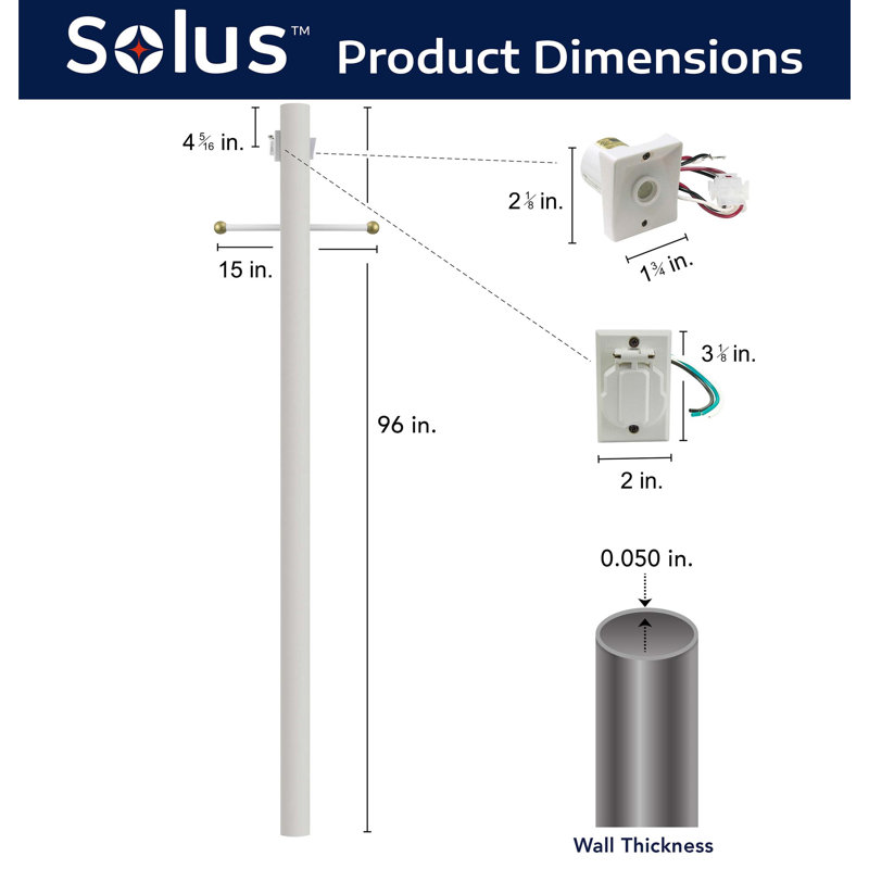 Lampadaire pour enterrement direct Solus 7, 8 ou 10 pi avec bras décoratif en croix, prise de courant et capteur photoélectrique Dusk-to-Dawn