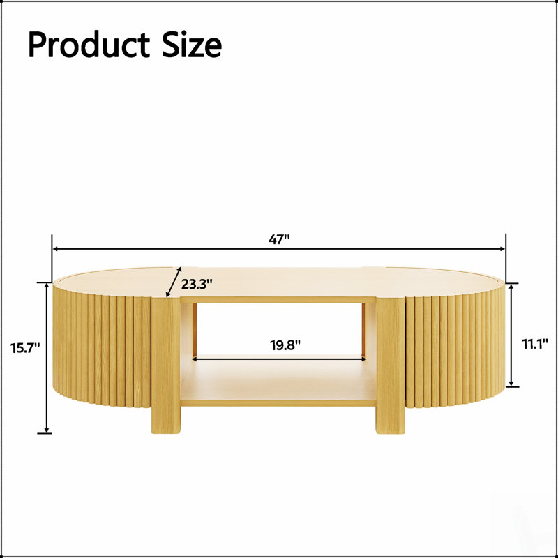 Table basse ovale cannelée avec rangement, bois d'hévéa massif, 1 tablette et 2 portes ouvertes pour les salons modernes