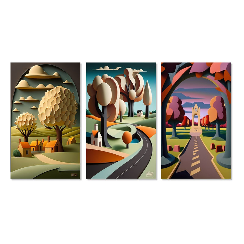 «White Trees In Te Mountain Village», 3 pièces, Toile tendue, H 20 po x l 36 po