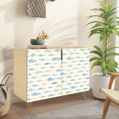 Sideboard Buffet Cabinet with Storage Hand Drawn Blue Green Fish Beige with 2 Doors for Living Room and Kitchen