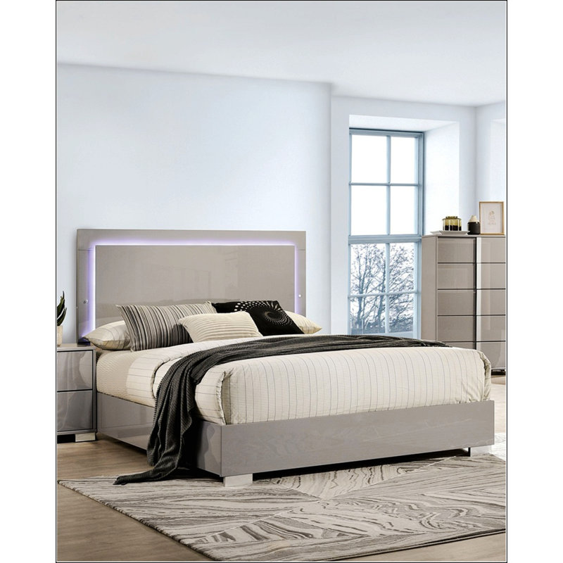 Grand lit avec tête de lit à DEL, Taupe, Grand lit