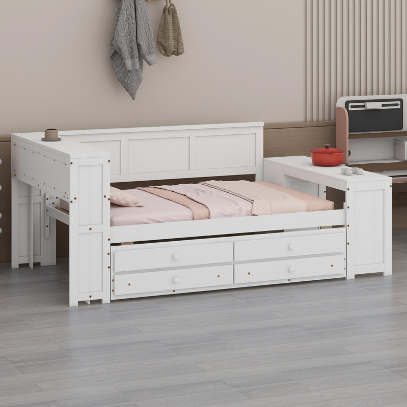 Système de lit de jour polyvalent avec tablettes, tiroirs, bureau et armoire, Blanc