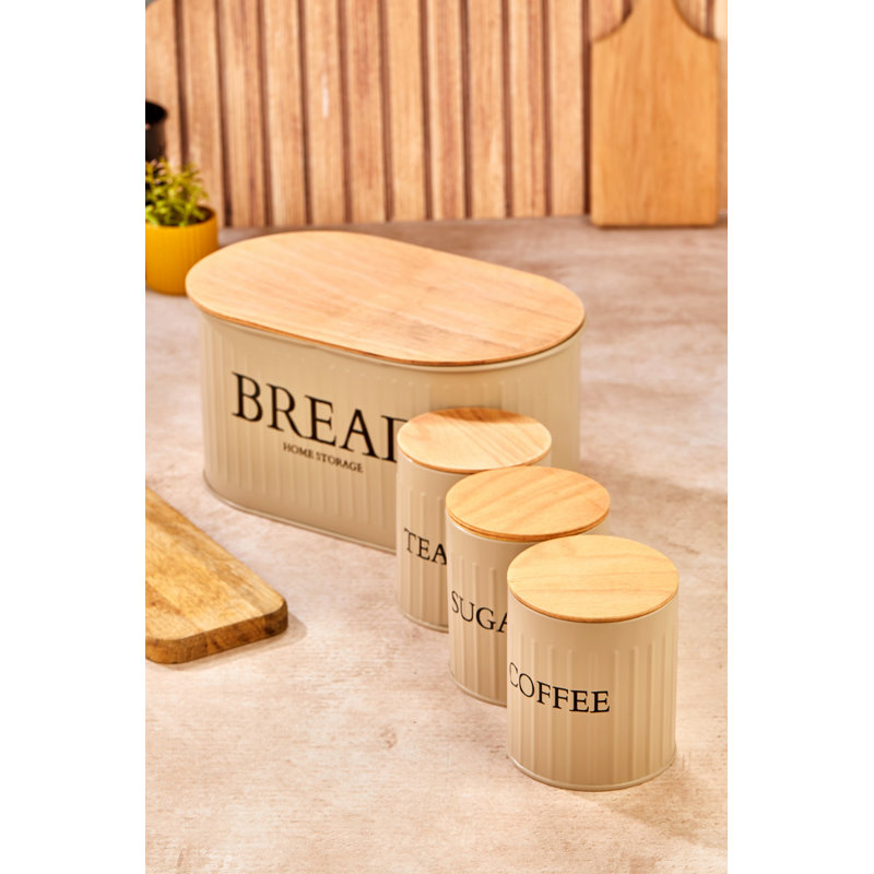 Stylish 4-Piece Metal Storage Box Set, Brown | Includes 1 Bread Box (11.8 x 7.5 x 5.9 in) & 3 Small Boxes (3.9 x 4.3 x 3.9 in) | Durable 100% Metal with Wooden Lids | Perfect for Kitchen Organization & Space Saving