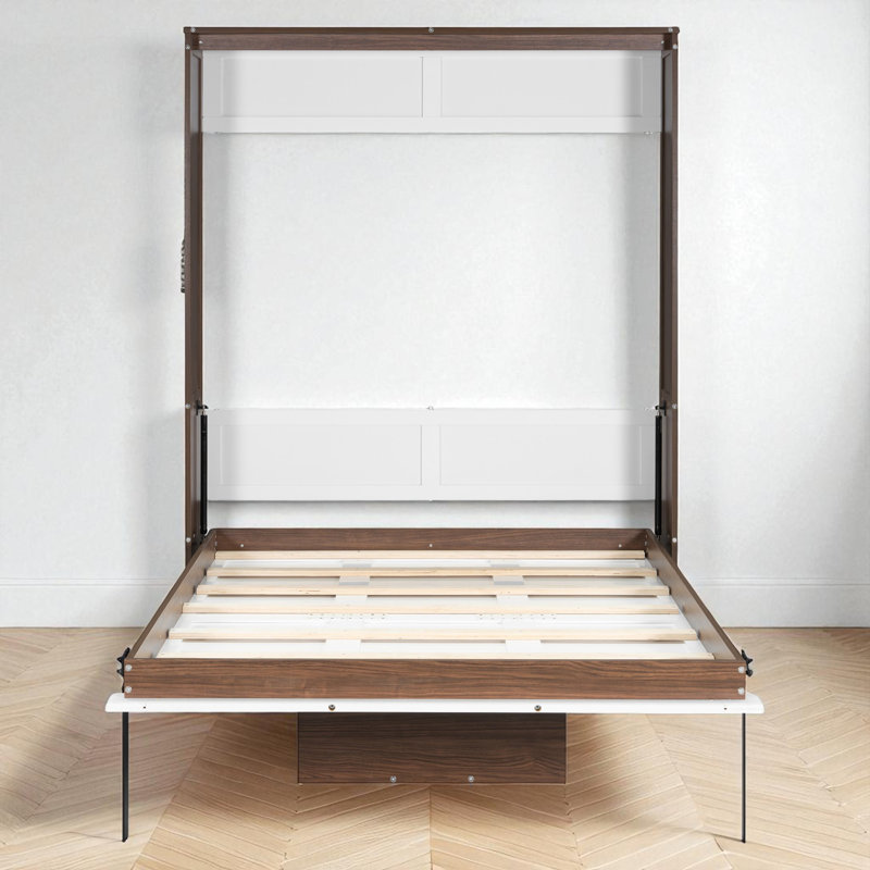 Lit escamotable double avec bureau pliable, Blanc / noyer
