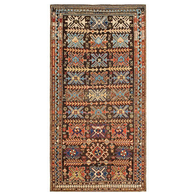 1900s Brown TribalGeometric Antique Caucasian Karabagh Carpet 3'4"x6'3" Wool Rug