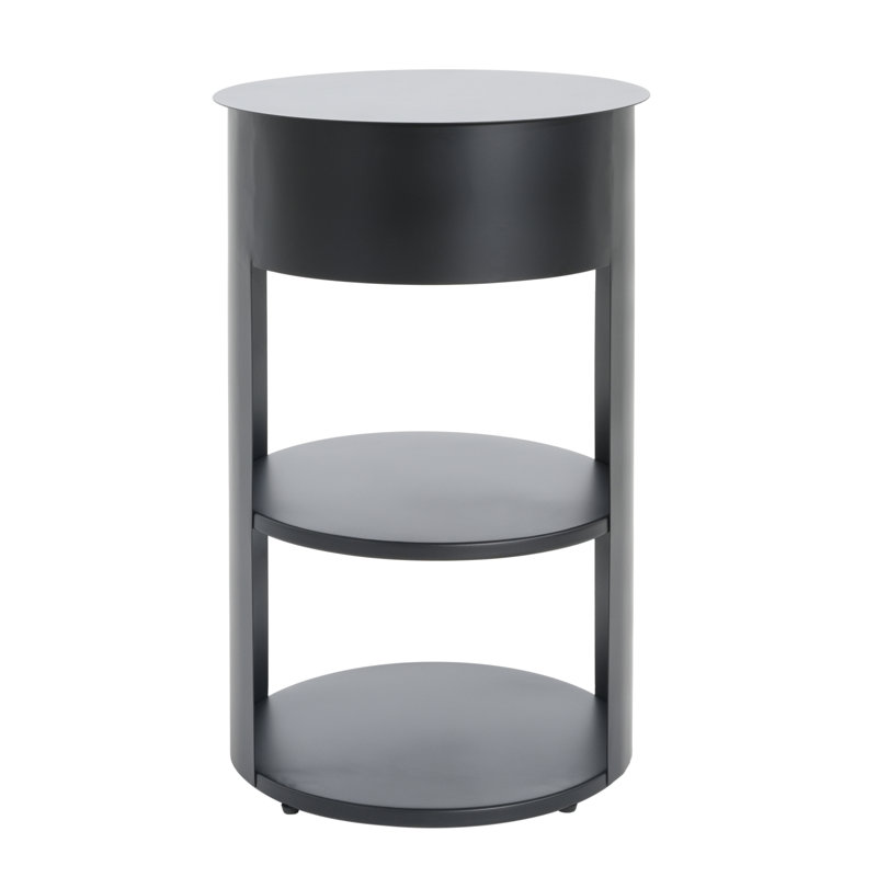 Table d'appoint ronde d'intérieur en métal à 3 niveaux avec armoire à porte coulissante, noir mat, Noir mat
