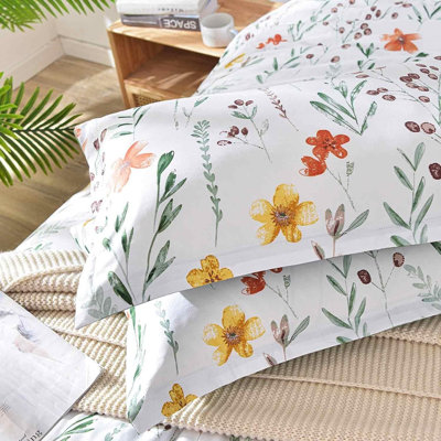 Comforter Set, 3-Piece White & Yellow Floral Bedding with Green Leaf Print, Reversible Soft Microfiber Down Alternative Duvet Set, Vintage Farmhouse Style