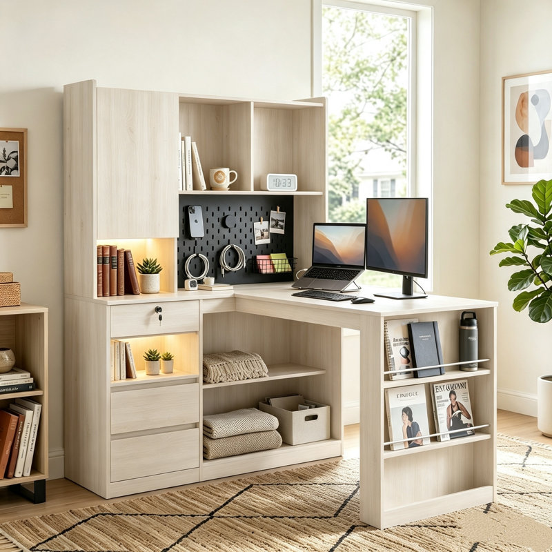 Bureau en L avec étagère à chargeurs et éclairage à DEL, bureau d'angle moderne avec rangement, bureau d'écriture pour bureau à domicile