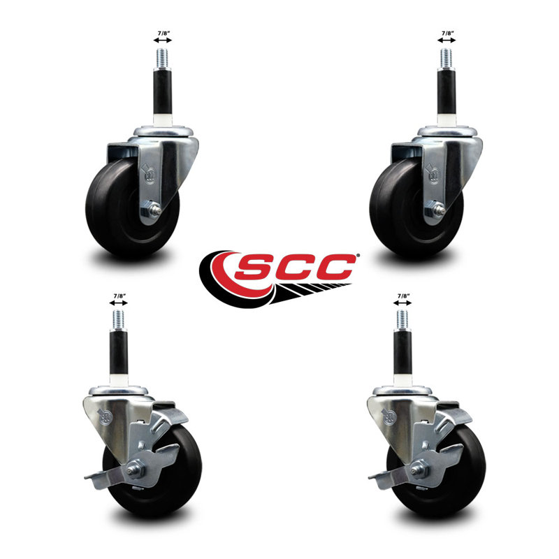 Hard Rubber Wheel Swivel Expand Stem Caster Set 2 Brakes SCC TLB 3.5" x 7/8"