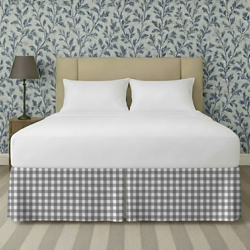 Gingham Pattern Tailored Bed Skirt 15" Drop Length, Dark Gray, California King