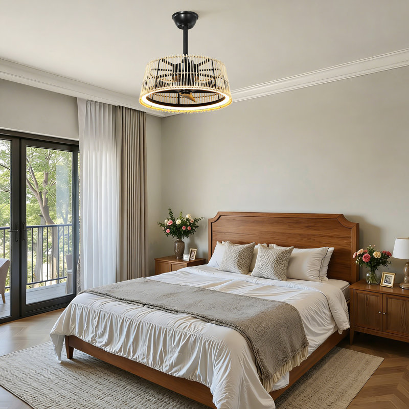 20'' Farmhouse Ceiling Fan With LED Light and Remote, Reversible Fan Blades and Rattan Shade for Bedroom Living Room