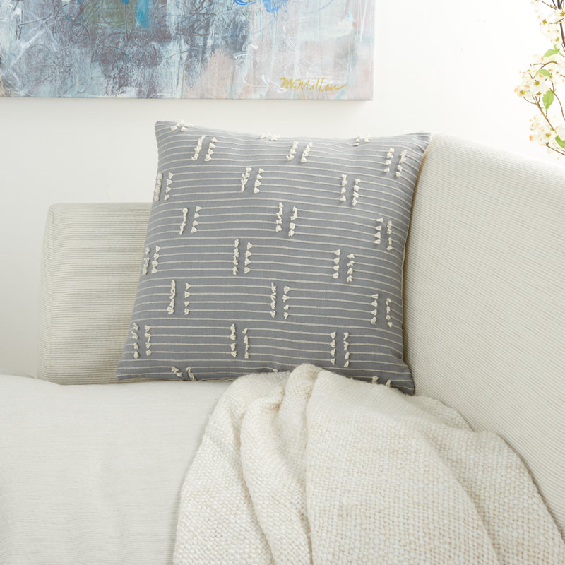 Gray Embroidered Cotton Square Throw Pillow 18"