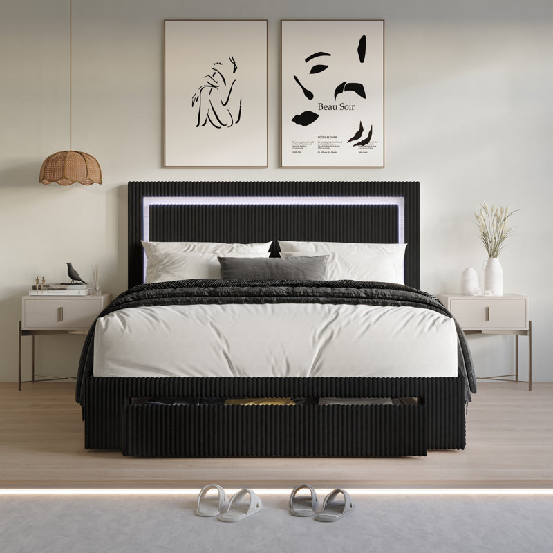 Lit plateforme tapissier avec rangement Gouker, Noir, Simple