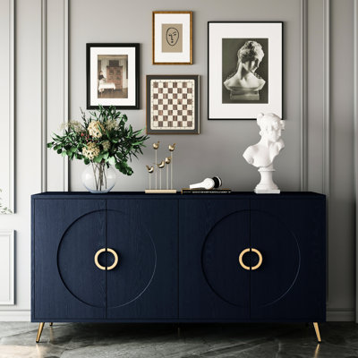 Almanza Navy Blue 4 Door Wooden Cabinet Sideboard Buffet Server With Adjustable Shelf For Office, Hallway, Kitchen And Dining Area, Living Room Modern
