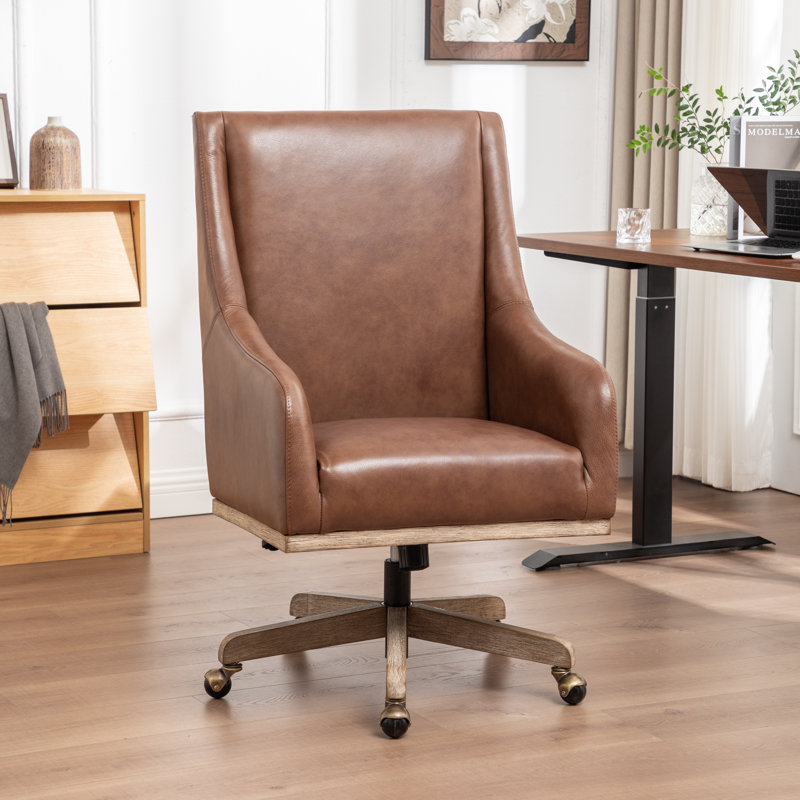 Jamestown Genuine Leather Office Chair With Solid Wood Legs, Yellow Brown