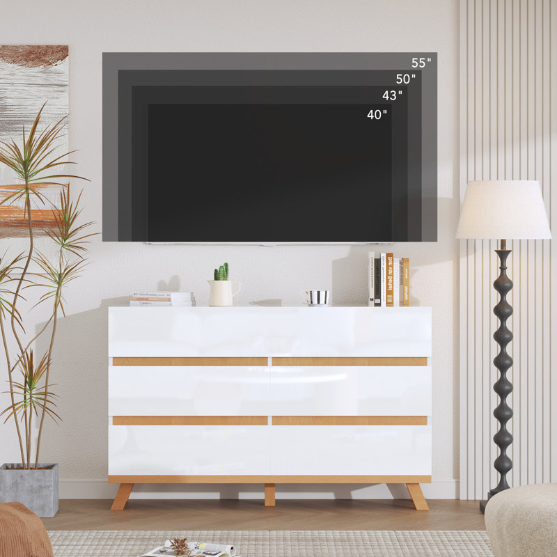 Commode 6 tiroirs blanche pour la chambre à coucher, commode de 47 po de largeur, commode moderne ultrabrillante avec poignée, grand rangement pour le salon, l'entrée, le couloir