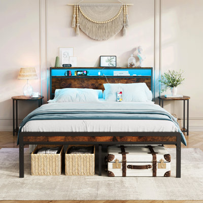 Antique Brown Full Bed Frame With Led Lighting, 2 Ports, And Headboard - Strong Steel Slats, Mattress Sliding, Easy Setup