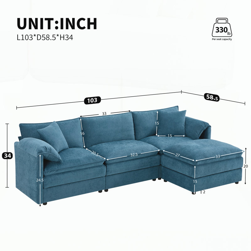 Canapé modulaire de 103 po en chenille avec assise profonde et large, Blue Chenille