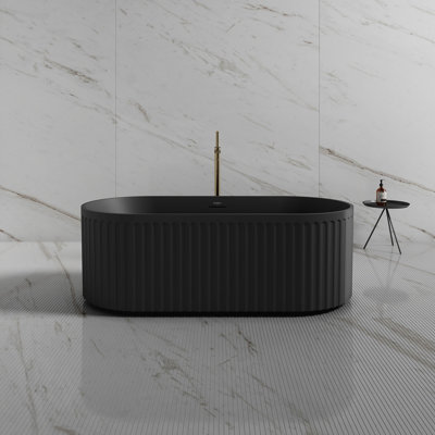 Baignoire de trempage autoportante entièrement noire en acrylique avec trop-plein et bonde escamotable 59 "x 29,5" MonBlari pour salle de bain