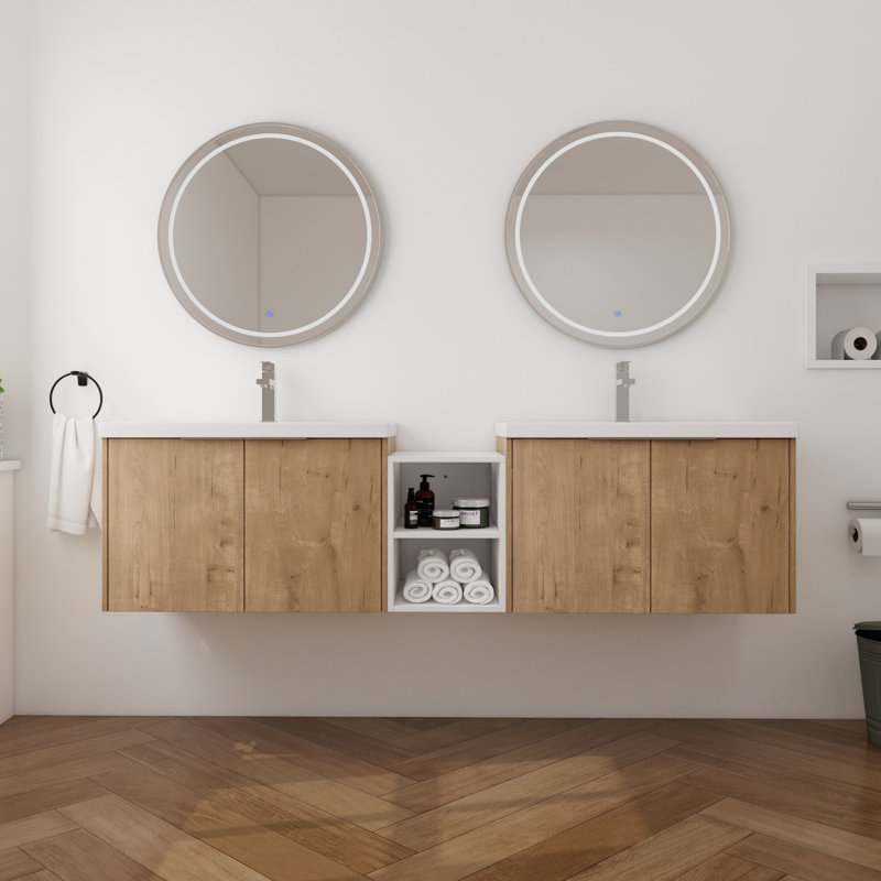 Meuble-lavabo double 72 po avec plateau en résine Huntsinger, meuble-lavabo mural avec 4 portes et 1 tablette réglable, Beige