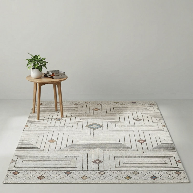 Tapis à motif géométrique blanc Thambiah, Tapis de couloir 2 pi 8 po x 6 pi 7 po