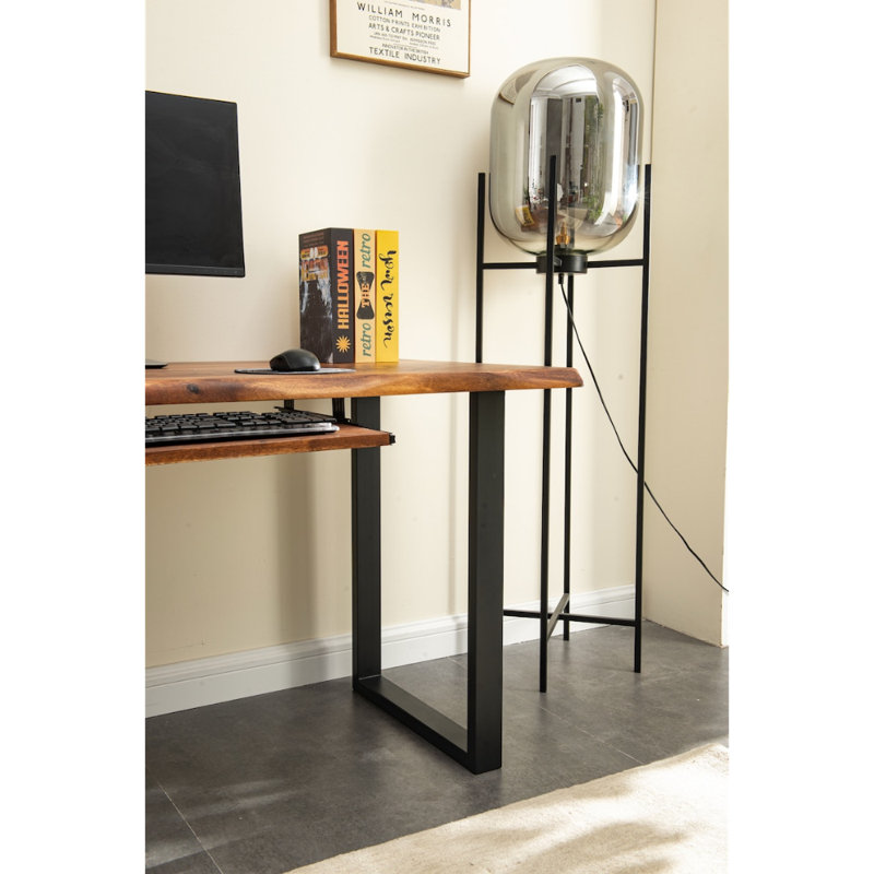  Live Edge Desk with U Shaped Legs and South American Walnut, with Keyboard Storage, 29.5" H x 34" W x 20" D