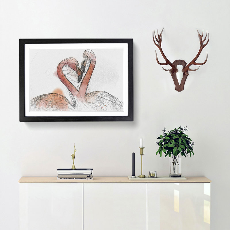 Two Loving Flamingos in Abstract - Picture Frame Graphic Art Print, 62cm H x 87cm W x 2cm D, Black Framed