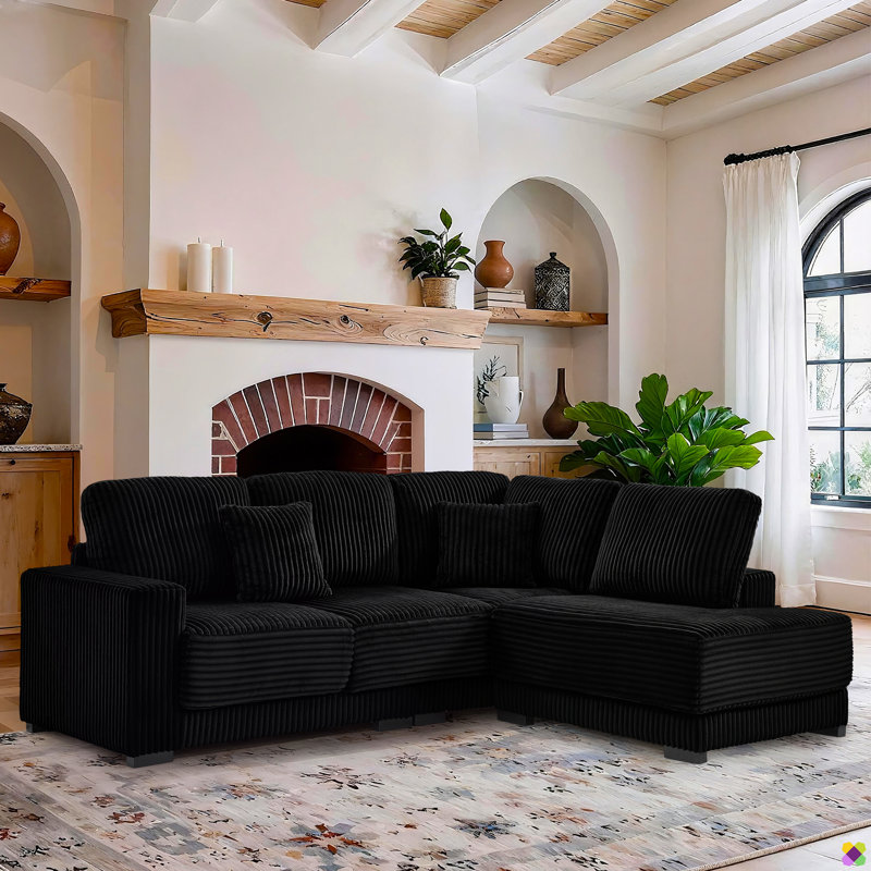 Gus 93"W LAF RAF Corduroy Sectioanl, 3 Seater, 1 Ottoman, Black Corduroy