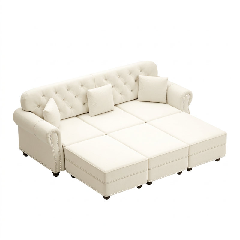 Canapé Chesterfield 82,6 po Mid-Century moderne avec capitonnage à boutons, garniture cloutée, accoudoirs roulés, coussins