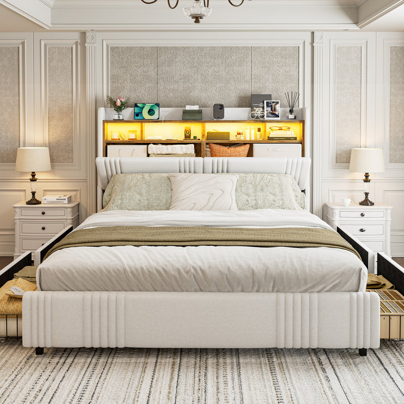 Bed Frames With Hidden Storage Headboard & 4 Drawers, 49.2" Tall Upholstered Wingback Headboard With Led Lights And Charging Station, No Box Spring Needed
